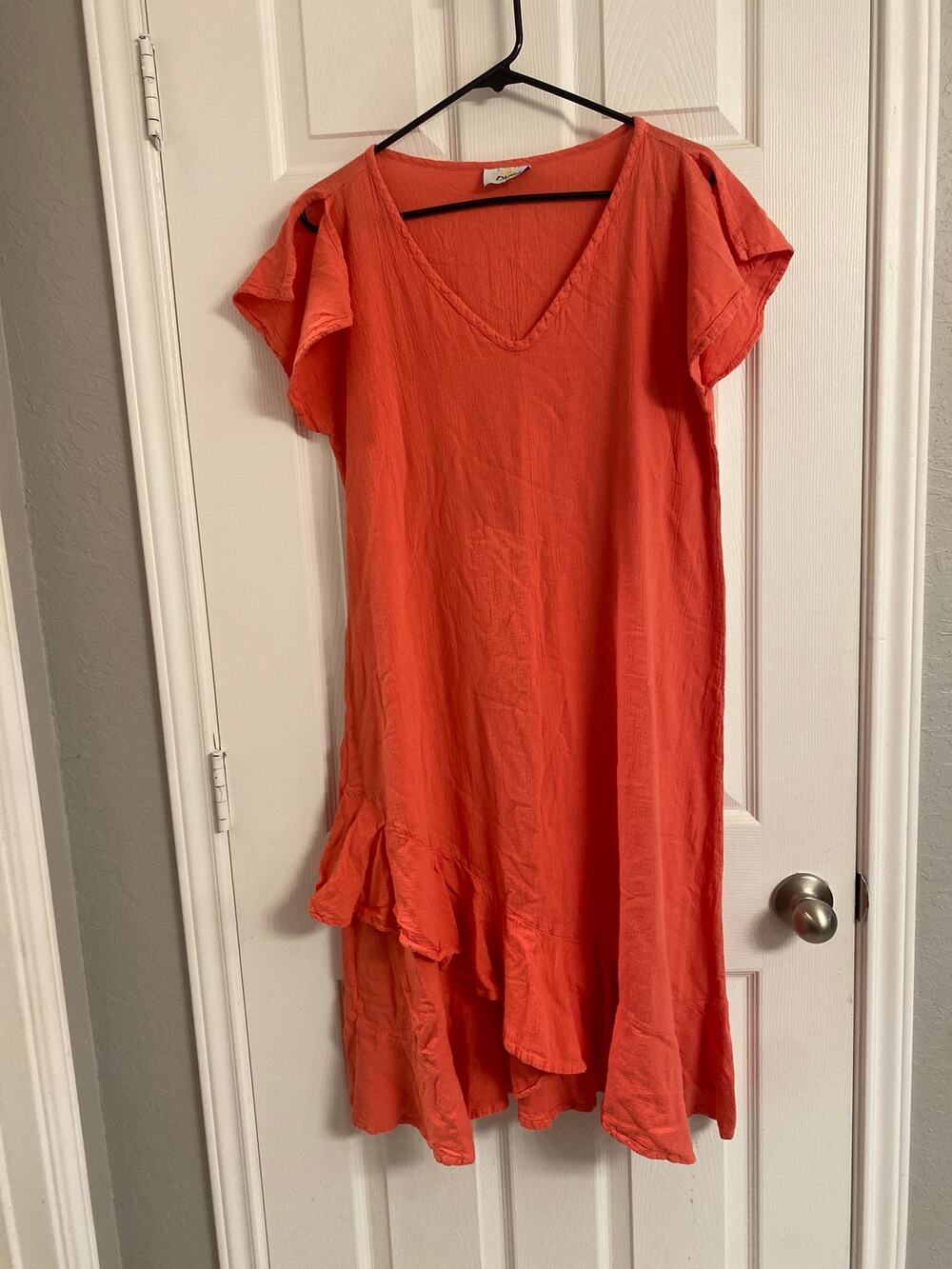 Dunes Relaxed Fashion Coral Asymmetric Ruffle Hem Dress V-Neck Large